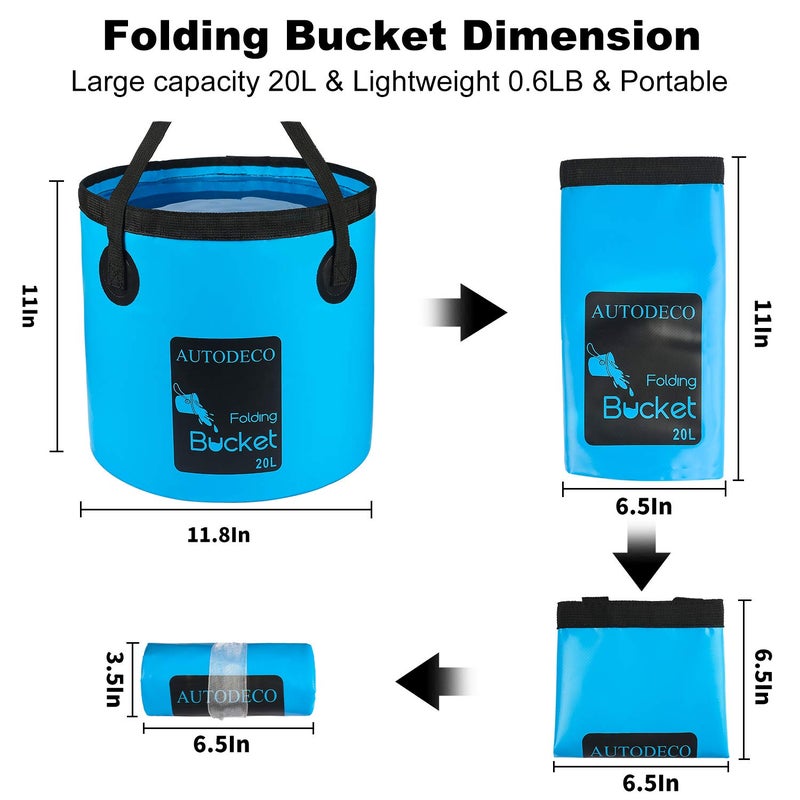 AUTODECO 2 Pack Collapsible Bucket 5 Gallon Container Folding Water Bucket Portable Wash Basin for Outdoor Travelling Camping Fishing Gardening Car Washing Blue 20L - Image 2